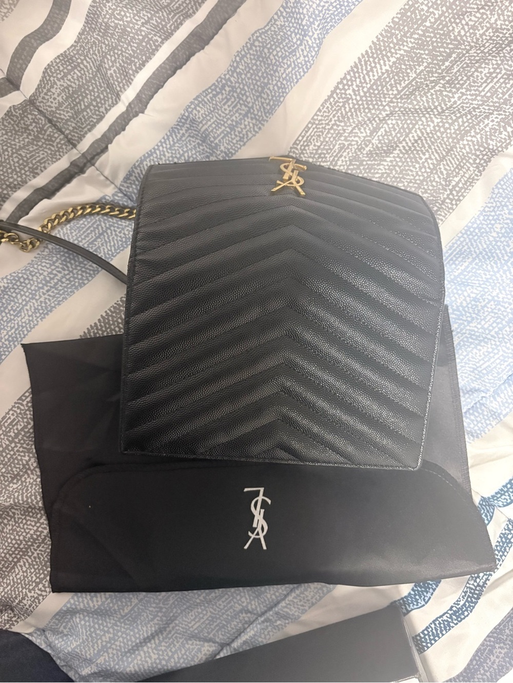 Yves Saint Laurent Black Chevron Quilted Leather Shoulder Bag with Gold Hardware